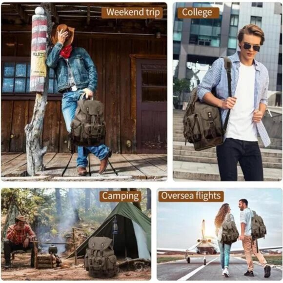 New Waxed Canvas Retro Backpack Rucksack Army Green - Picture 4 of 9